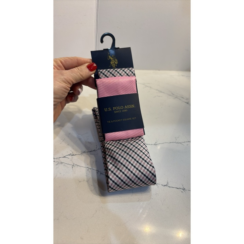 U.S. Polo Assn Men Tie & Pocket Square Set - Pink Black Plaid NWT EASTER SPRING